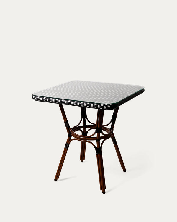 Mesa parisina bistró cuadrada blanco negro perfil lateral aluminio efecto bambú Venhoouse Chile
