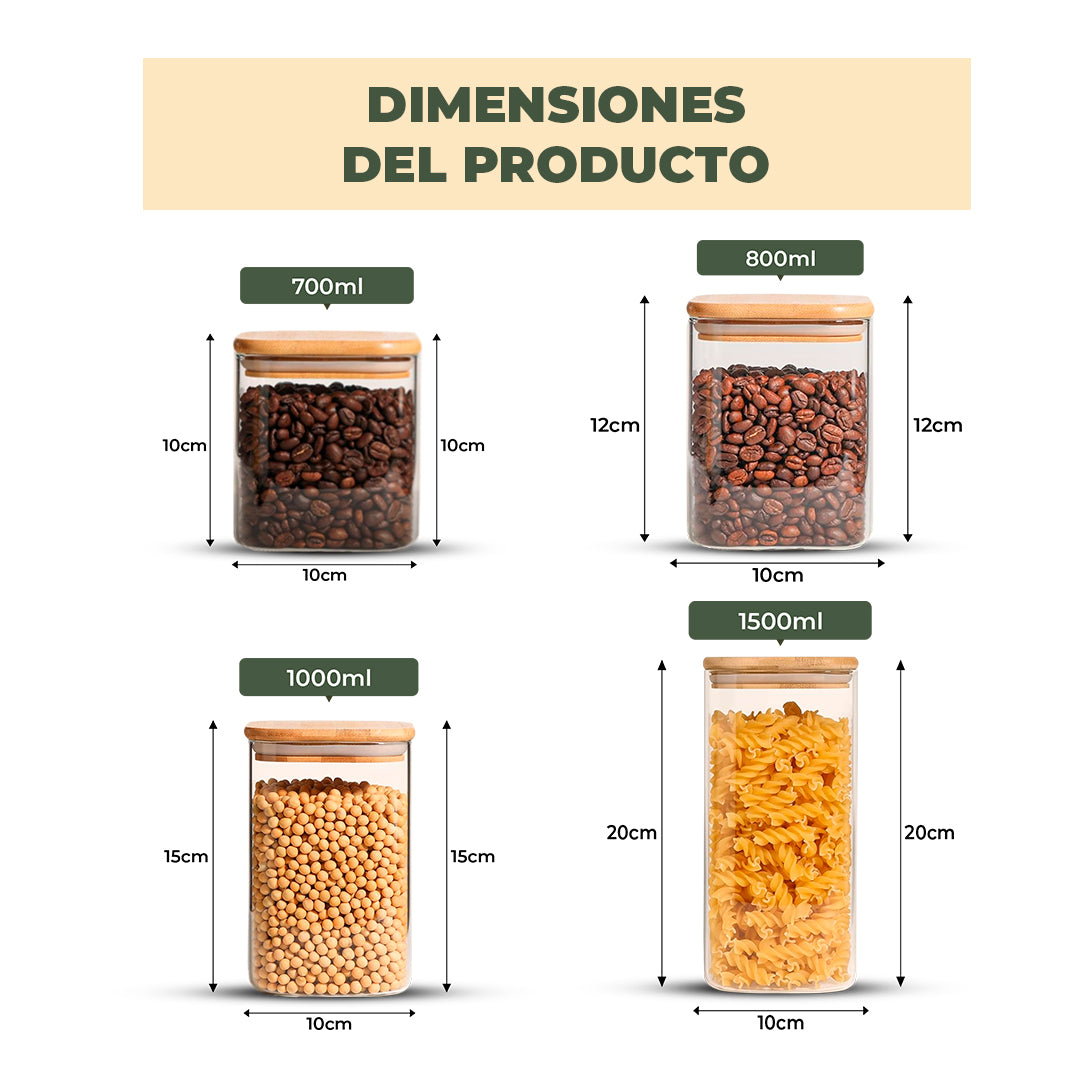 Set de 4 Frascos de Vidrio Rectangulares con Tapa de Bambú