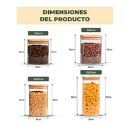 Set de 4 Frascos de Vidrio Rectangulares con Tapa de Bambú