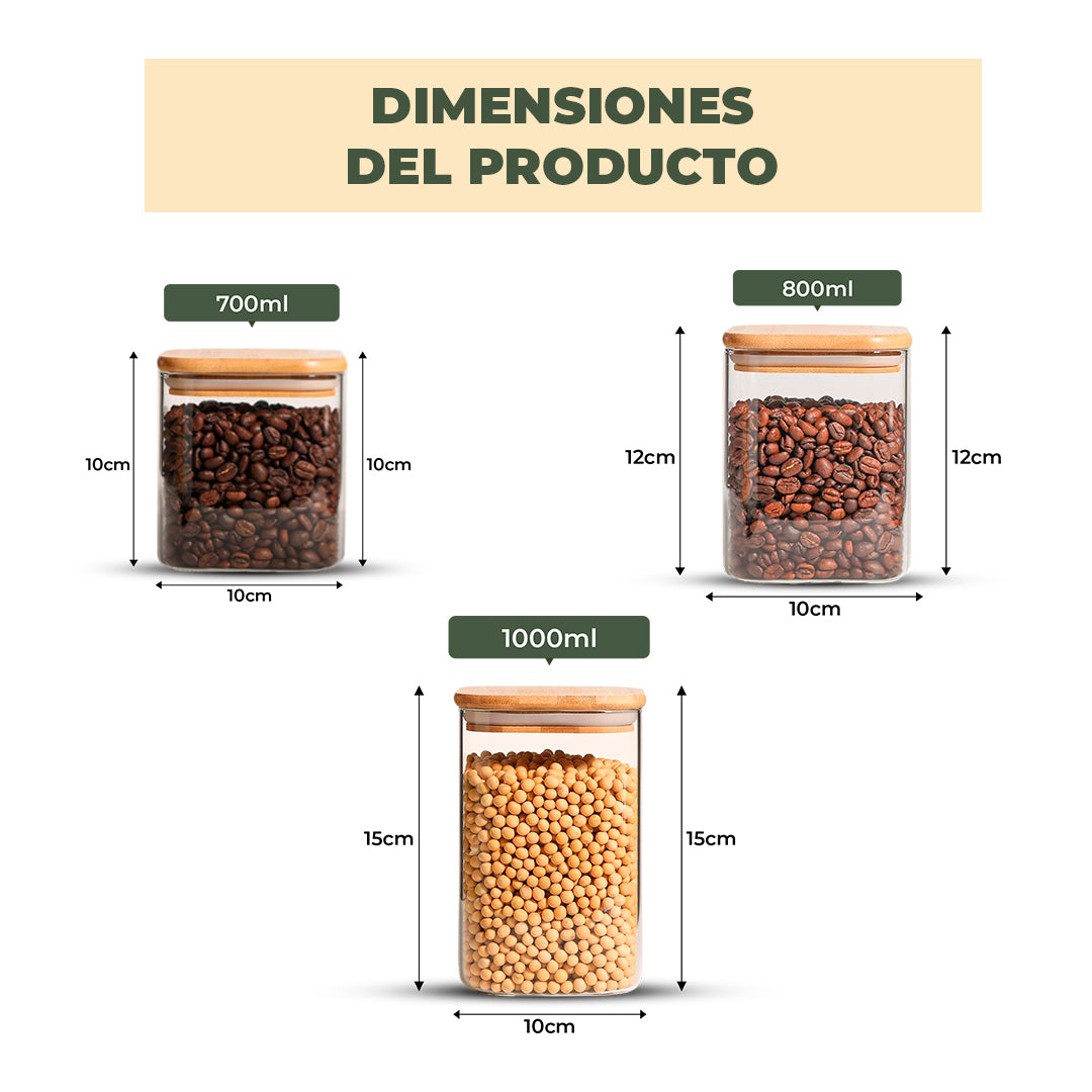 Set de 3 Frascos de Vidrio Rectangulares con Tapa de Bambú