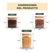 Set de 3 Frascos de Vidrio Rectangulares con Tapa de Bambú