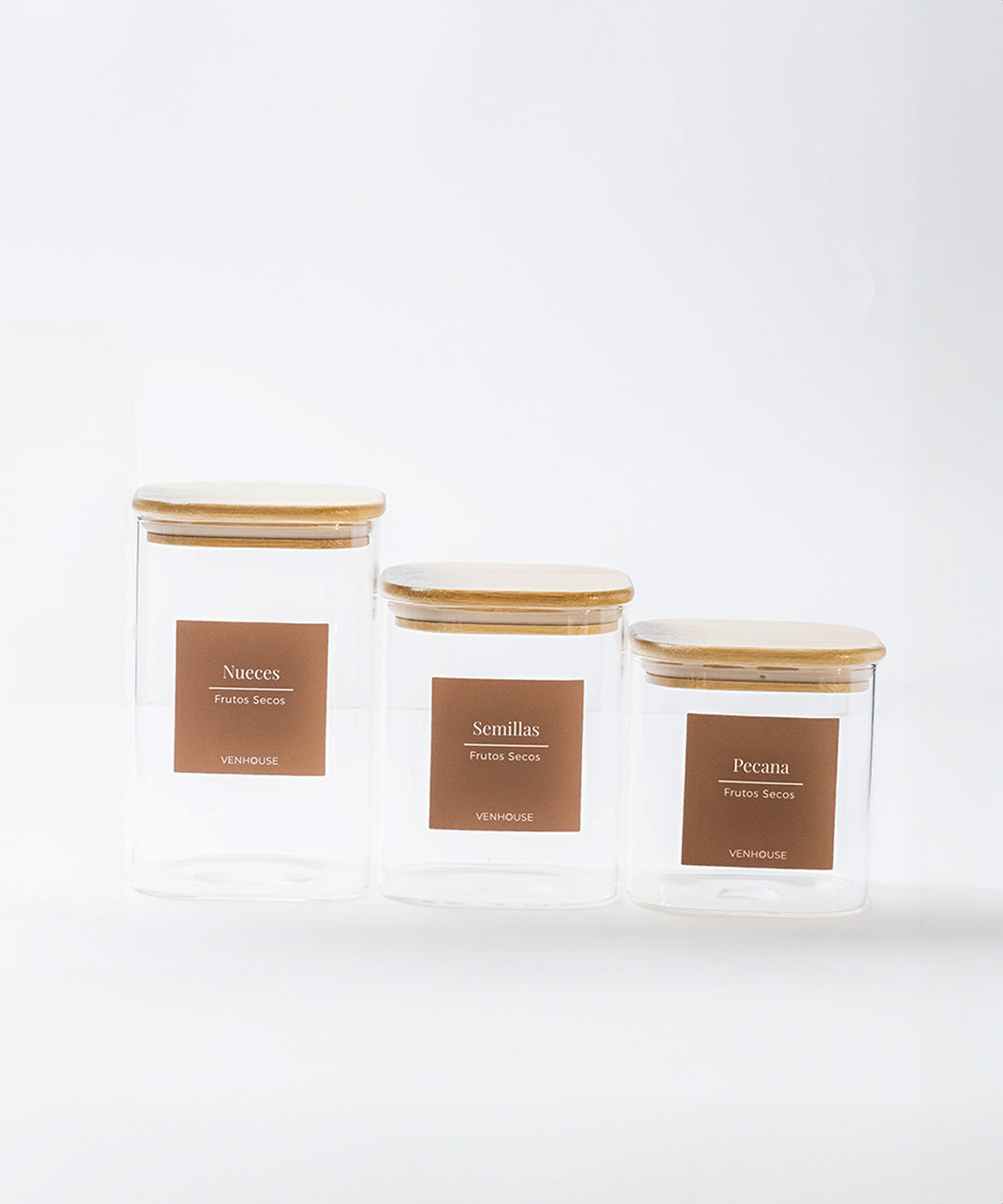Set de 3 Frascos de Vidrio Rectangulares con Tapa de Bambú