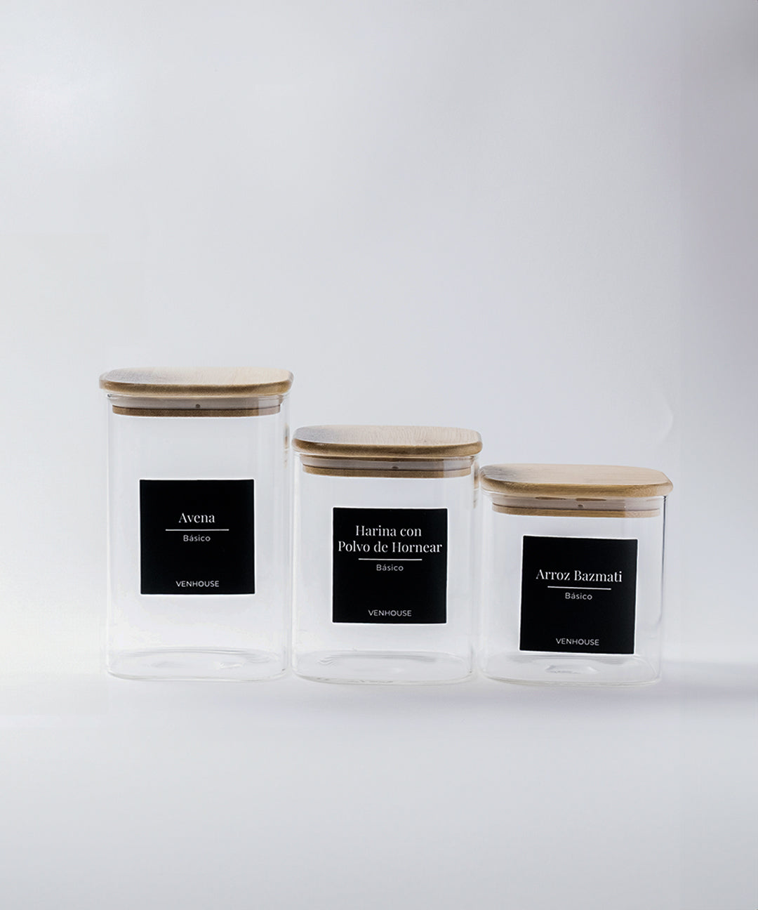 Set de 3 Frascos de Vidrio Rectangulares con Tapa de Bambú