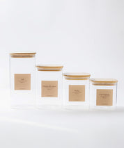 Set de 4 Frascos de Vidrio Rectangulares con Tapa de Bambú