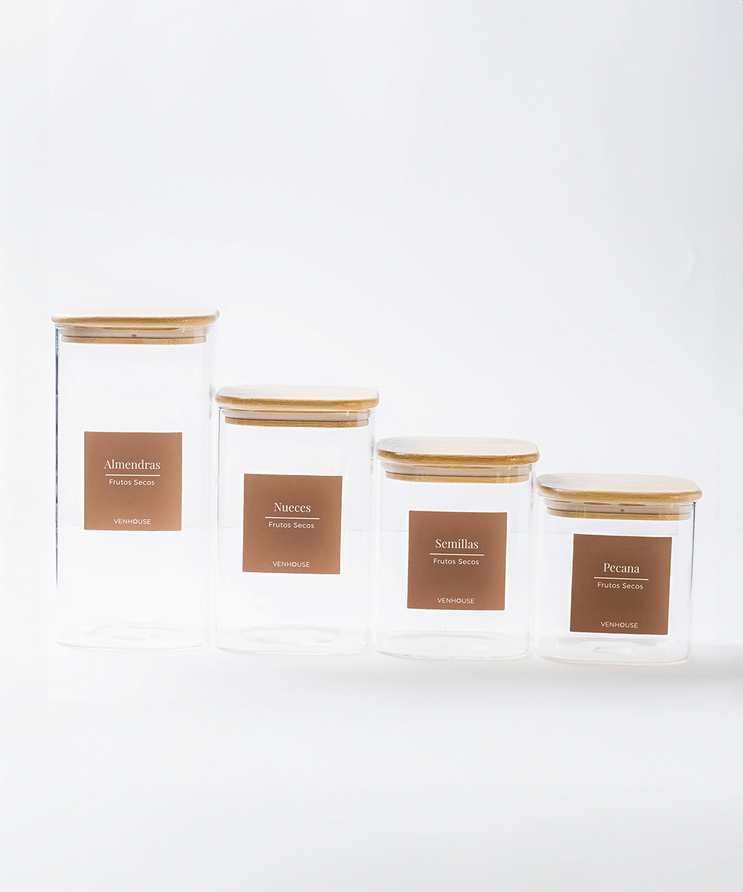 Set de 4 Frascos de Vidrio Rectangulares con Tapa de Bambú
