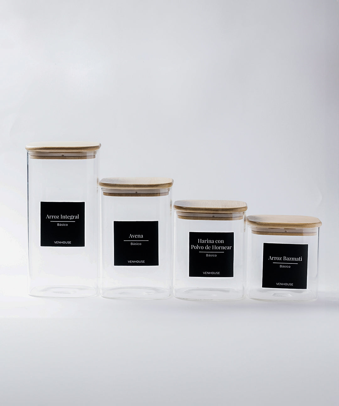 Set de 4 Frascos de Vidrio Rectangulares con Tapa de Bambú