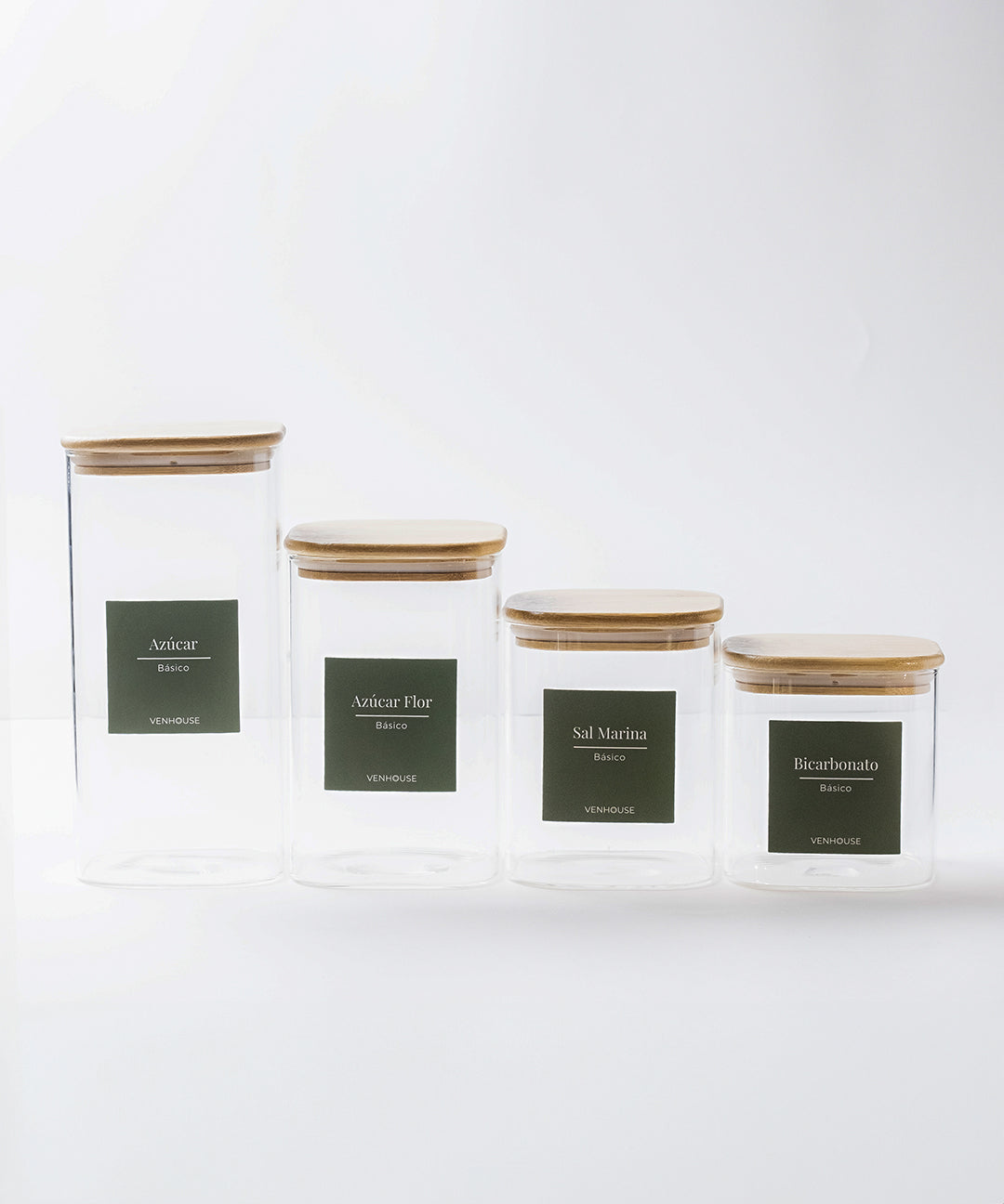 Set de 4 Frascos de Vidrio Rectangulares con Tapa de Bambú