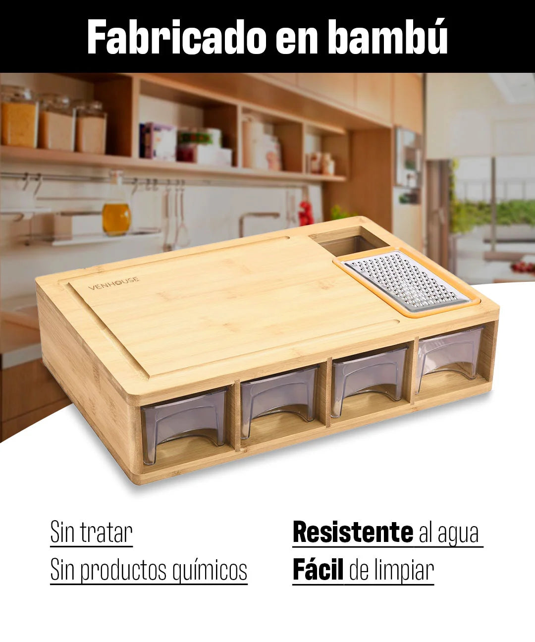 Tabla de cortar Venhoouse con cuatro contenedores y ralladores adicionales