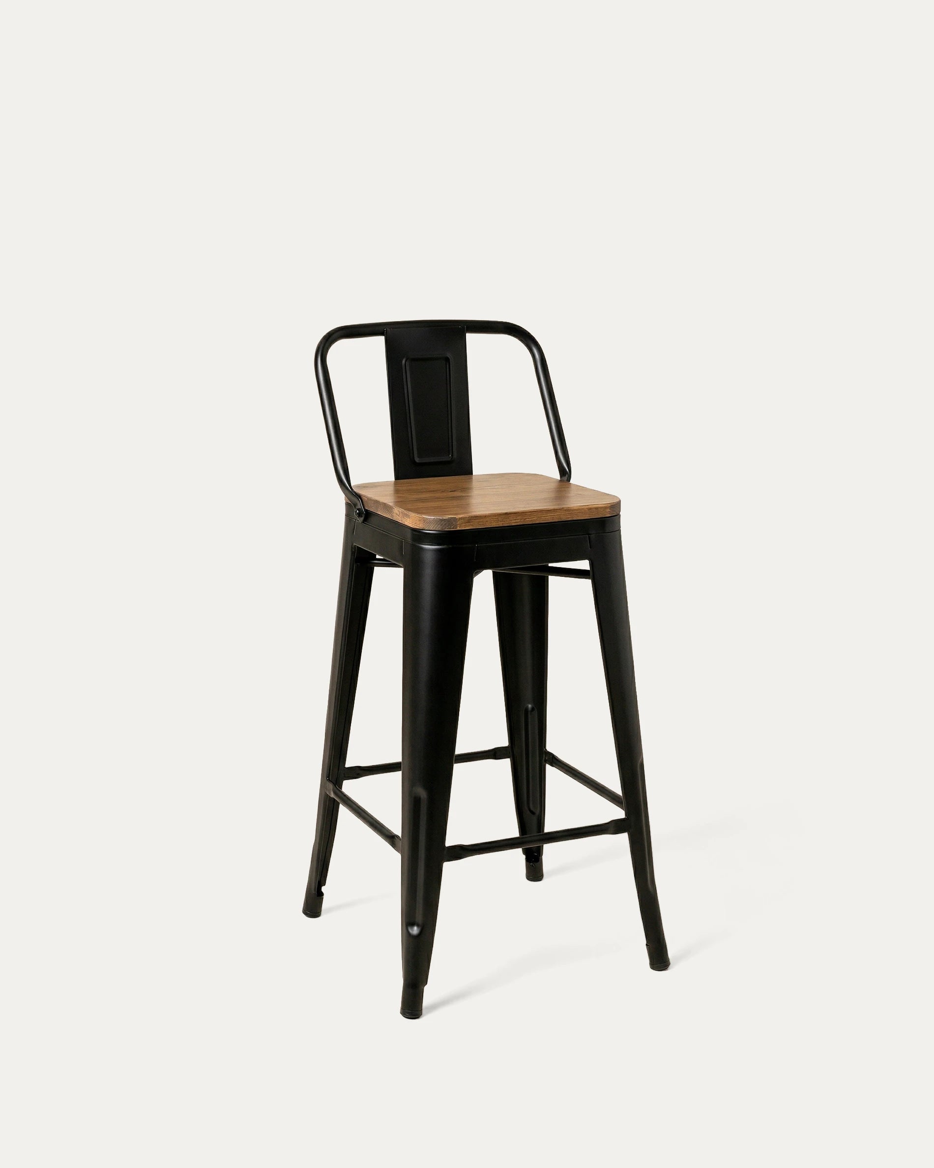 Taburete Tolix asiento madera oscura negro piso bar industrial Venhoouse Chile