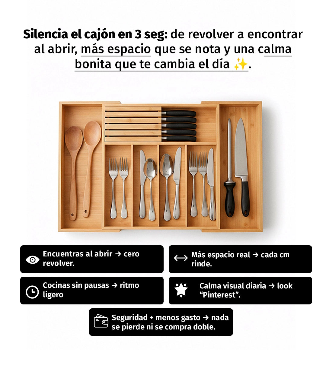 Organizador de Cubiertos para cajón de Bambú Expandible | Venhoouse