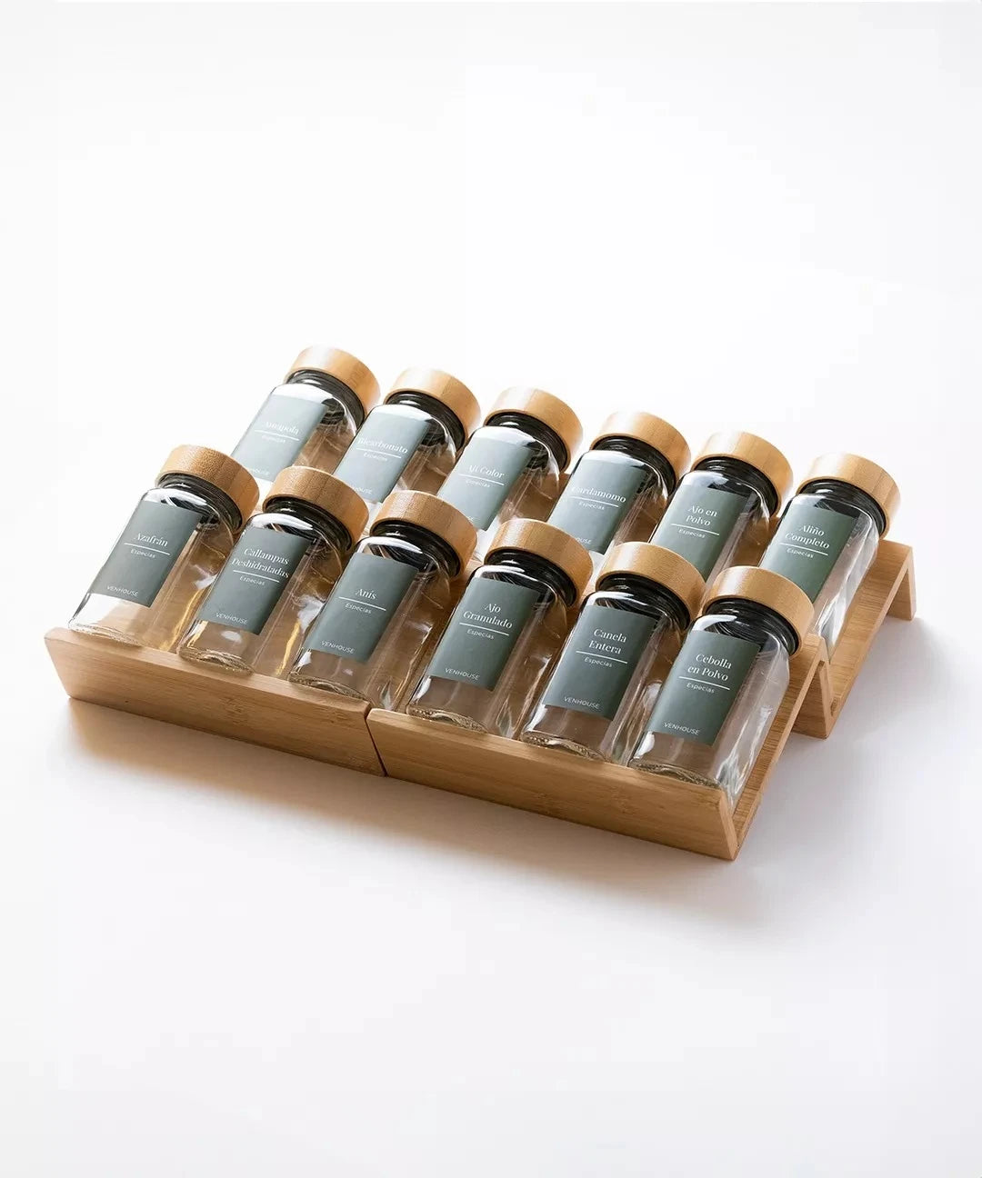 Set 12 Especieros Condimenteros Con Rack Cajón Bambú Cocina