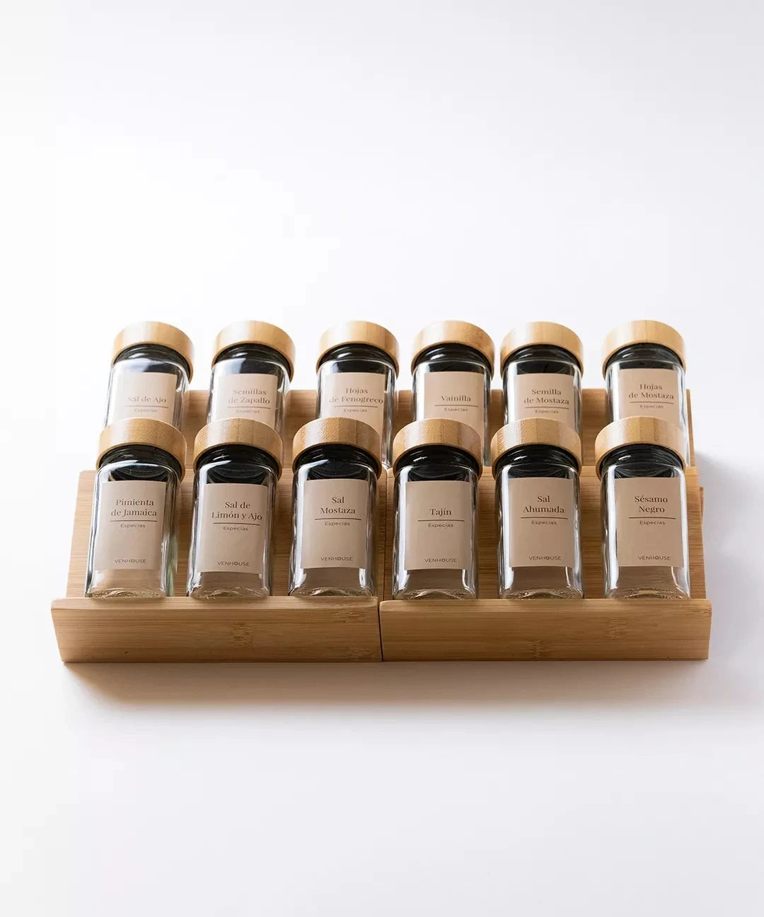 Set 12 Especieros Condimenteros Con Rack Cajón Bambú Cocina