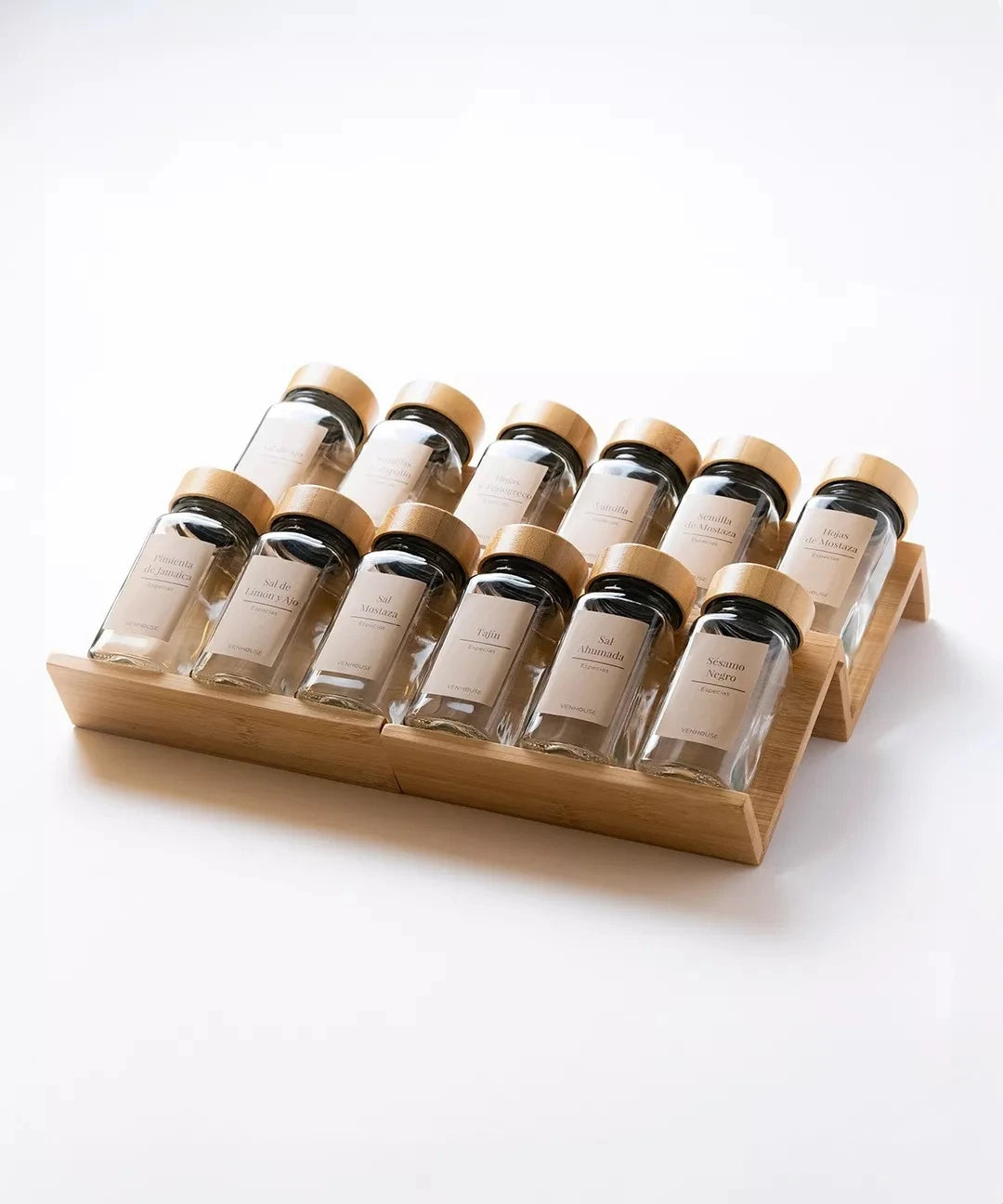 Set 12 Especieros Condimenteros Con Rack Cajón Bambú Cocina