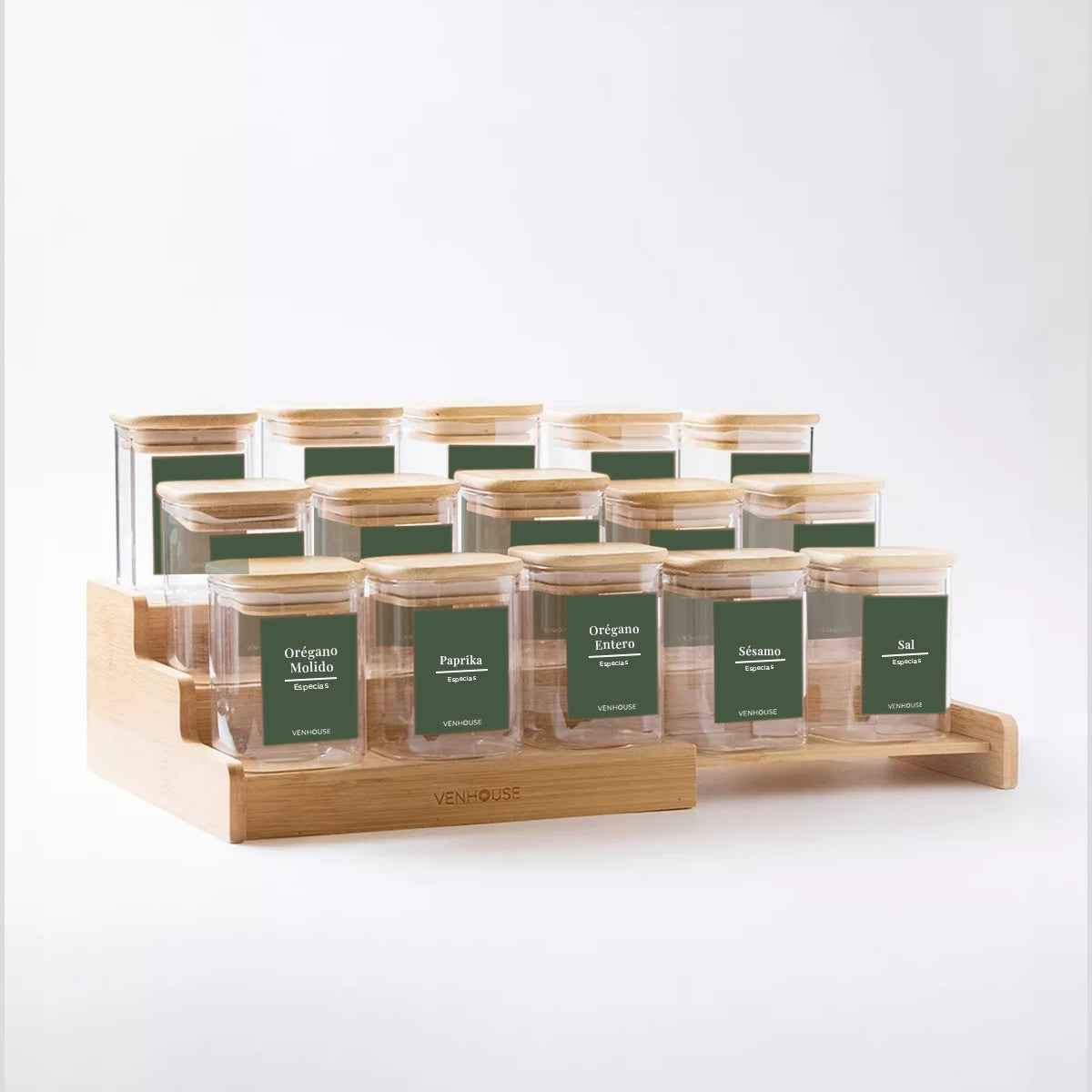 Set 15 Especieros De Vidrio Rack Extensible De Bambú