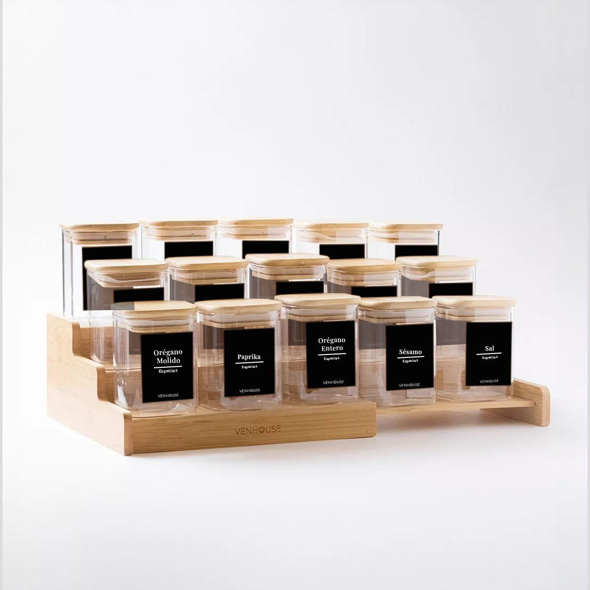 Set 15 Especieros De Vidrio Rack Extensible De Bambú