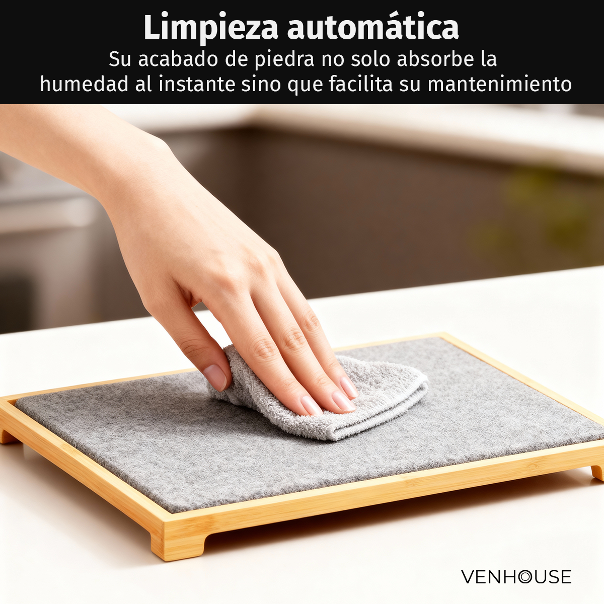 Tapete de piedra de secado rápido con base de bambú