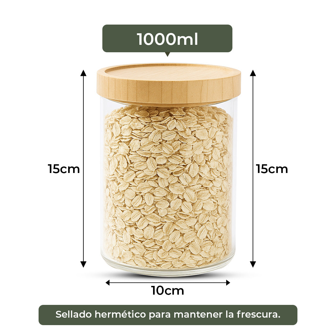 Frasco Contenedor Tarro Hermético Vidrio Tapa Bambú 1000ml