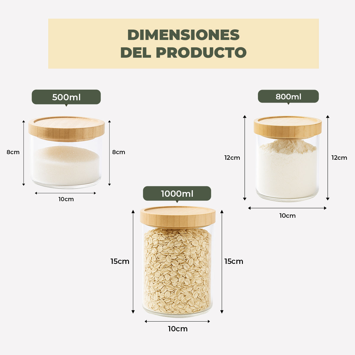 Set 3 Contenedores Herméticos Vidrio Cocina Despensa Bambú